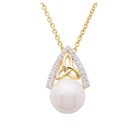 A 14KT gold vermeil necklace with a trinity knot design featuring a central pearl and smaller cubic zirconia stones along the chain.