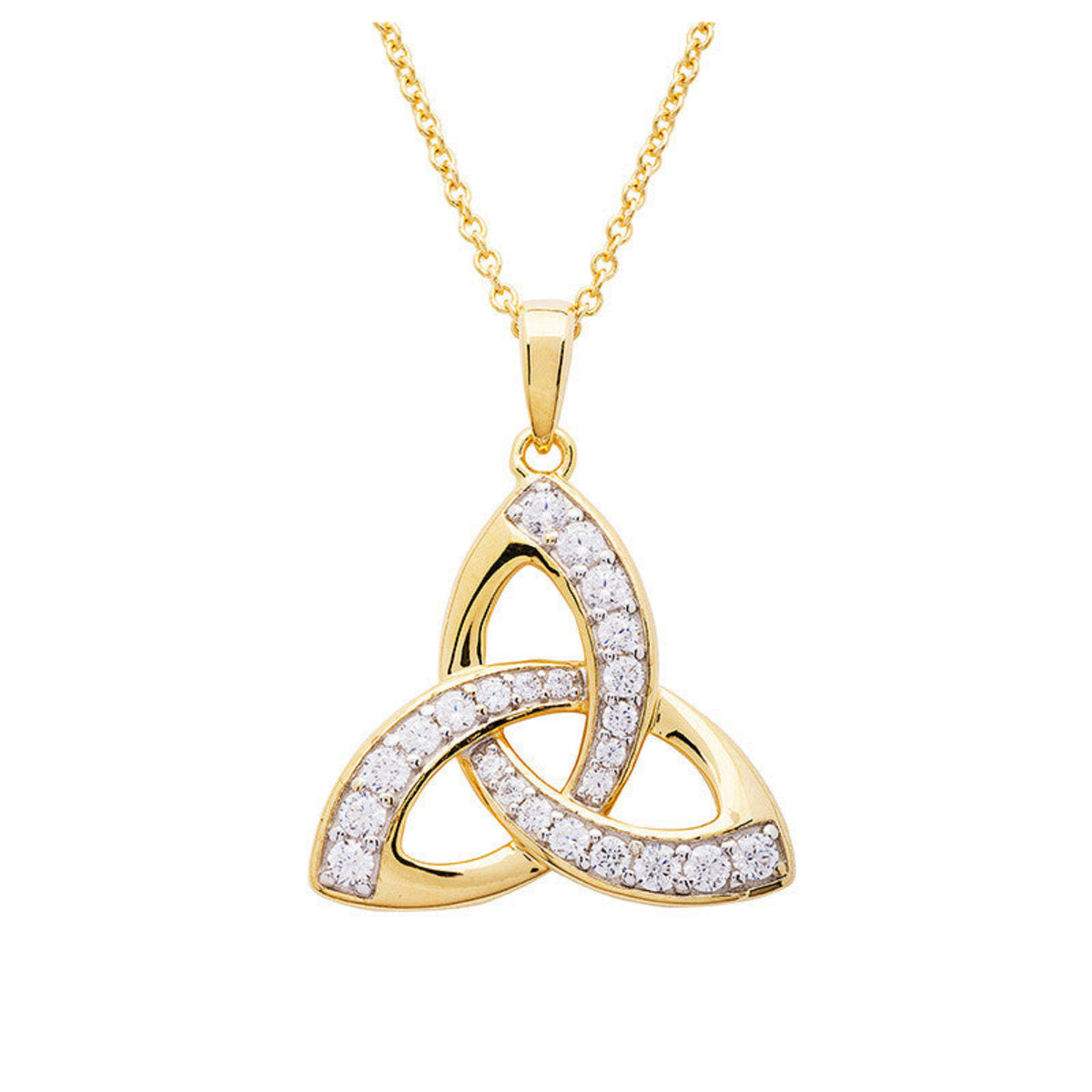 Gold and diamond-trimmed Celtic knot pendant on a white background