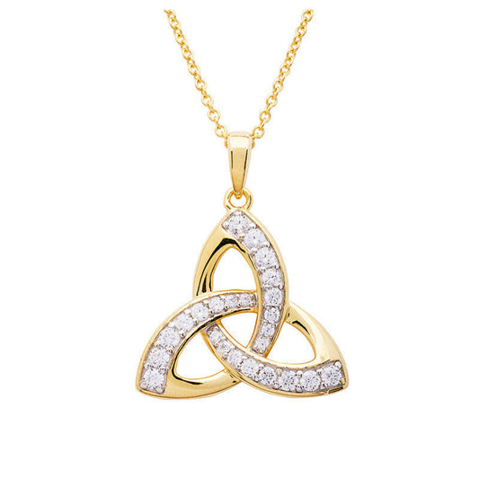 Gold and diamond-trimmed Celtic knot pendant on a white background