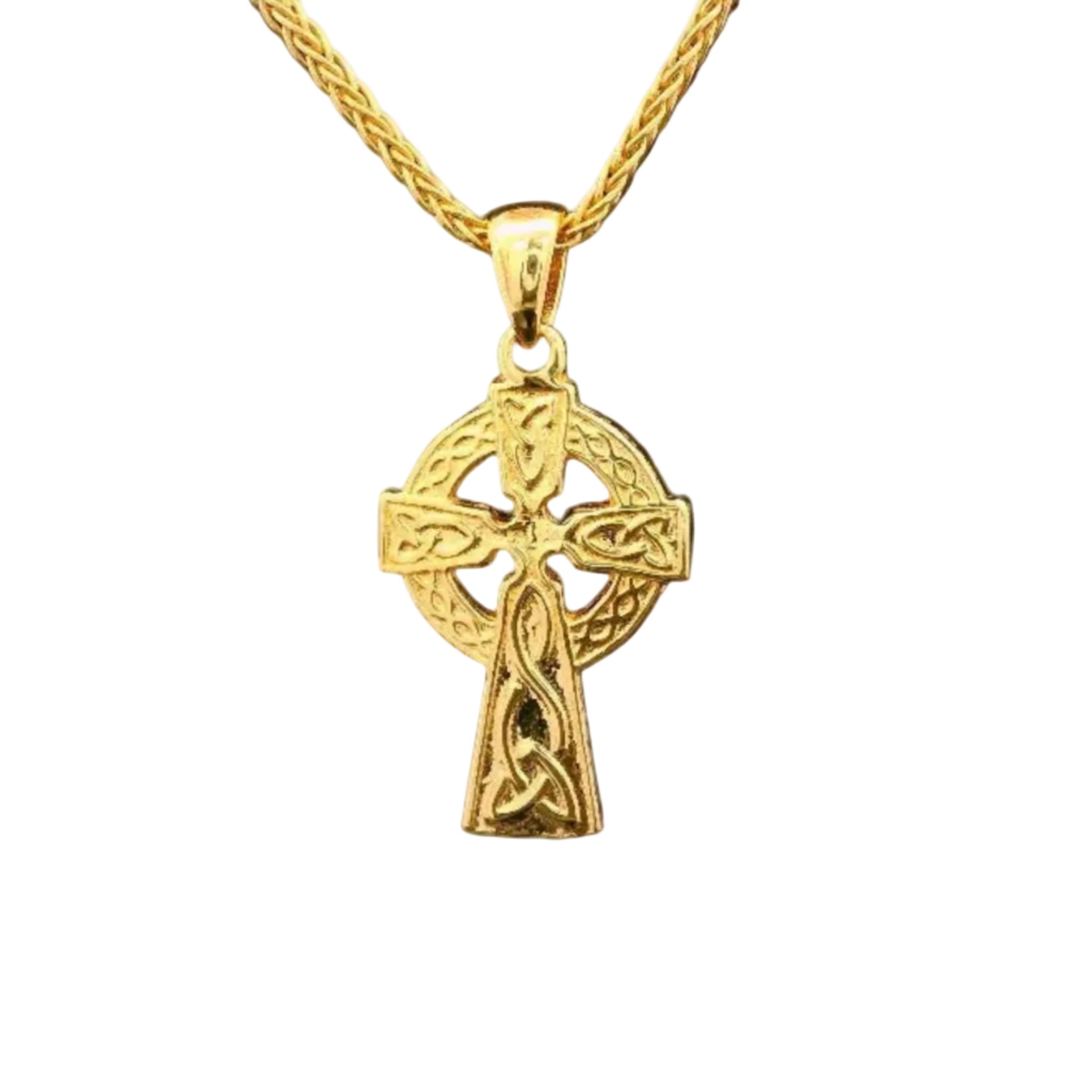 Intricate golden Celtic cross pendant on a chain necklace.