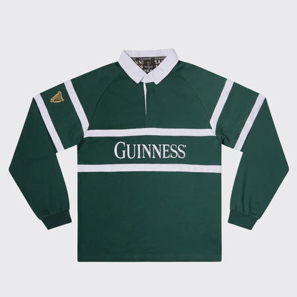A dark green long-sleeve rugby shirt with white stripes, a white collar, and 'GUINNESS' printed across the chest, shown on a light gray background.