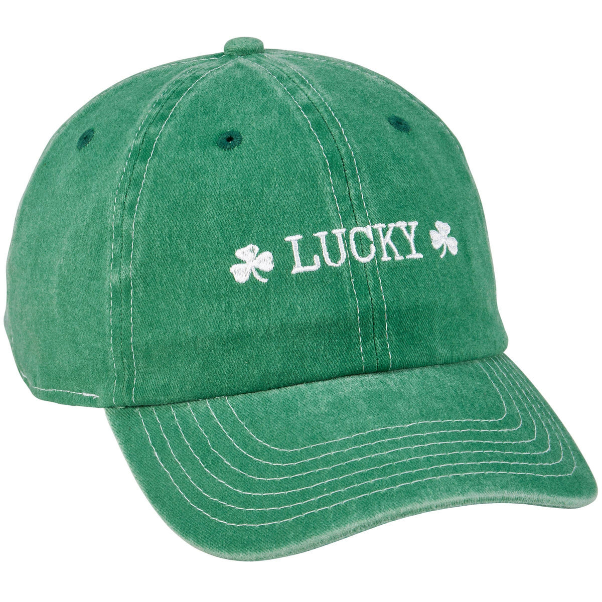 Green cap with 'LUCKY' and clover design on a white background