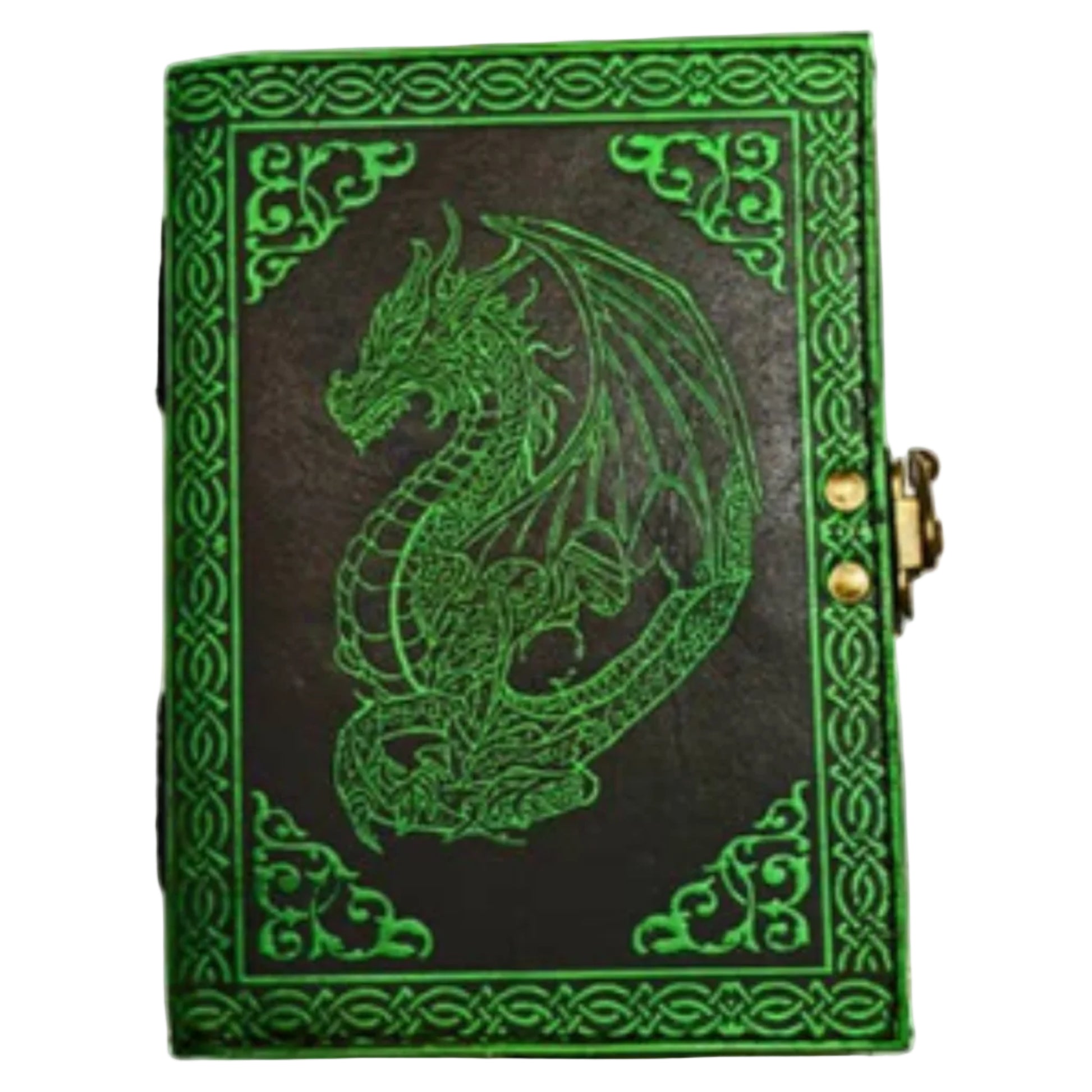 Green leather notebook with embossed dragon design on a black background