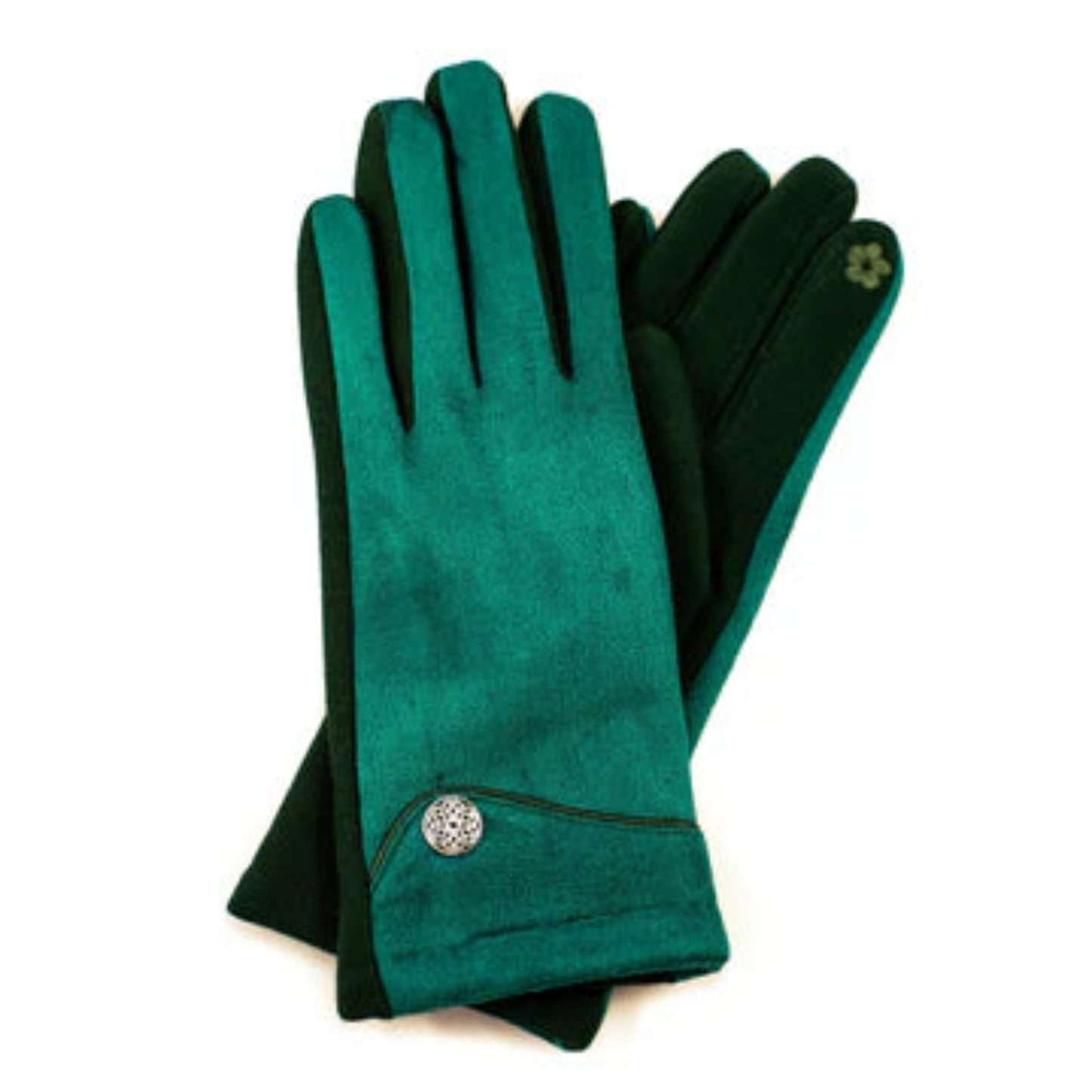 Pair of green gloves with a decorative button on a white background