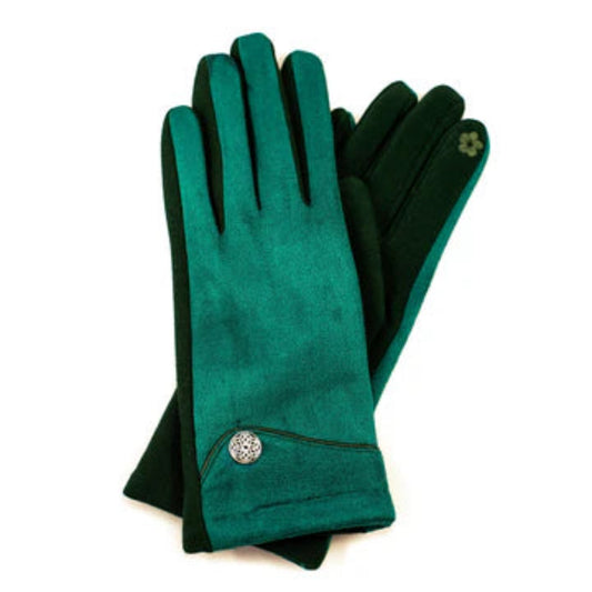 Pair of green gloves with a decorative button on a white background
