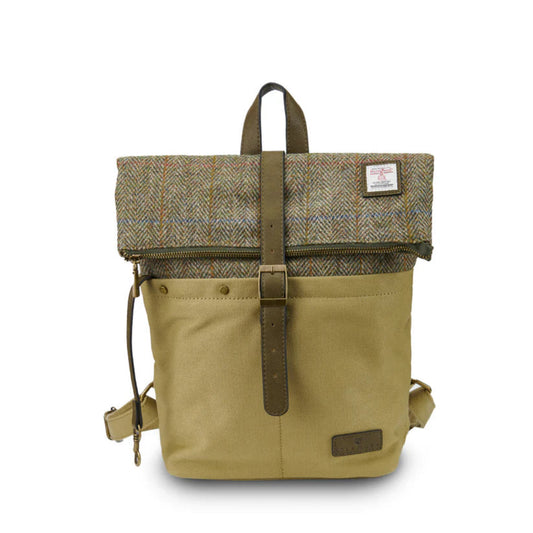 Backpack with tan tweed top section and beige bottom section on a white background