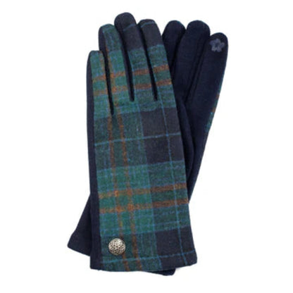 Pair of plaid gloves with a button on a white background