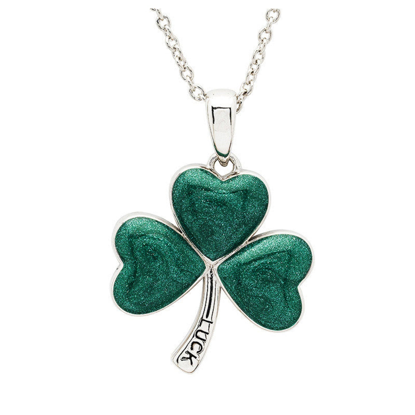 Green shamrock pendant with 'LUCK' on a silver chain against a white background