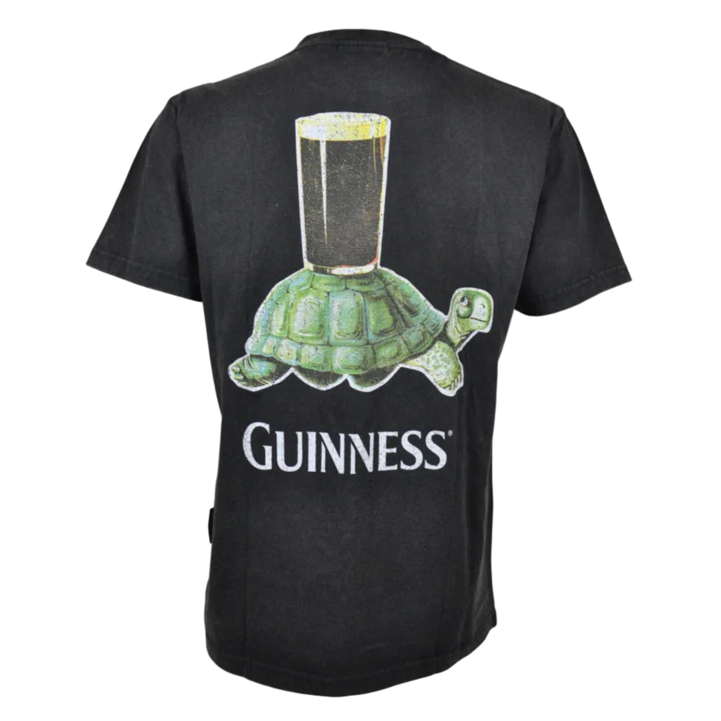 The back of a t-shirt with a graphic of a tortoise with a beer glass on its shell. "Guinness" is written underneath.