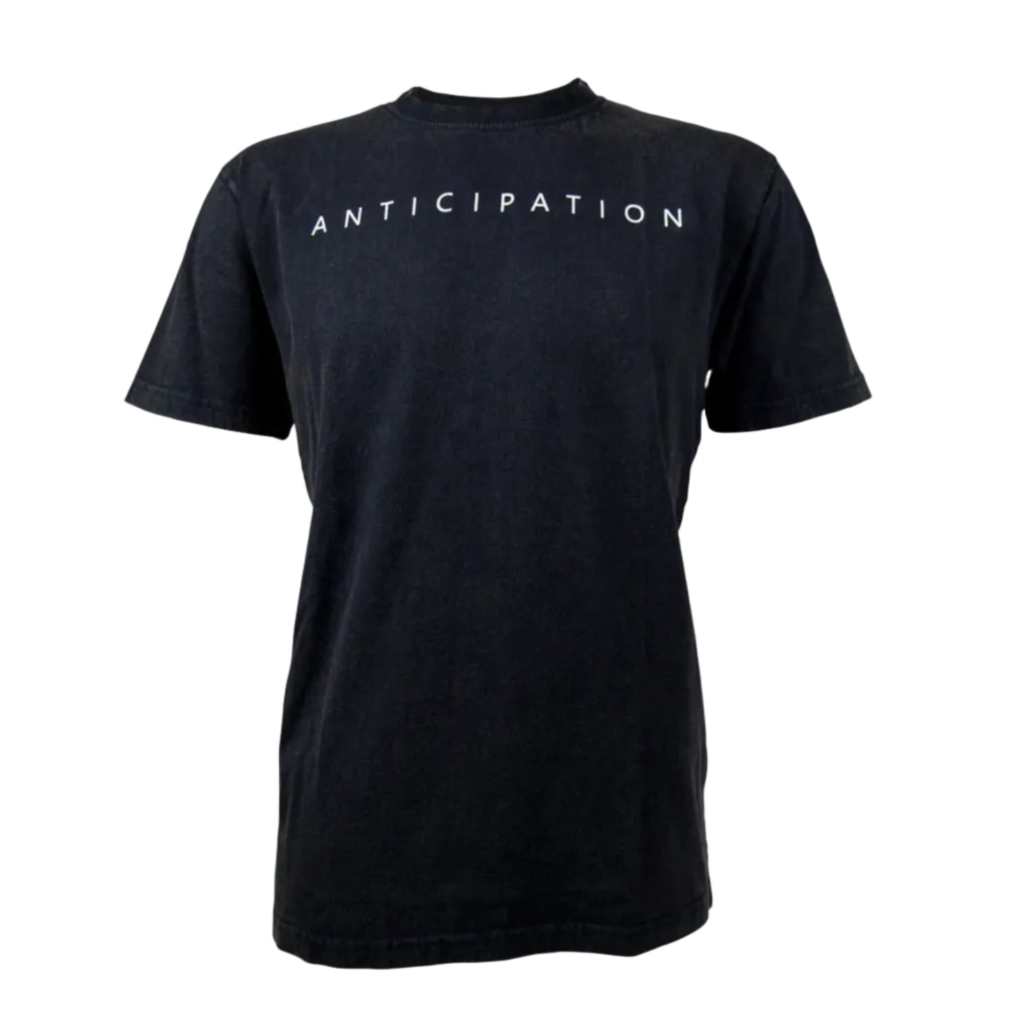 A black t-shirt with "anticipation" written across the chest.