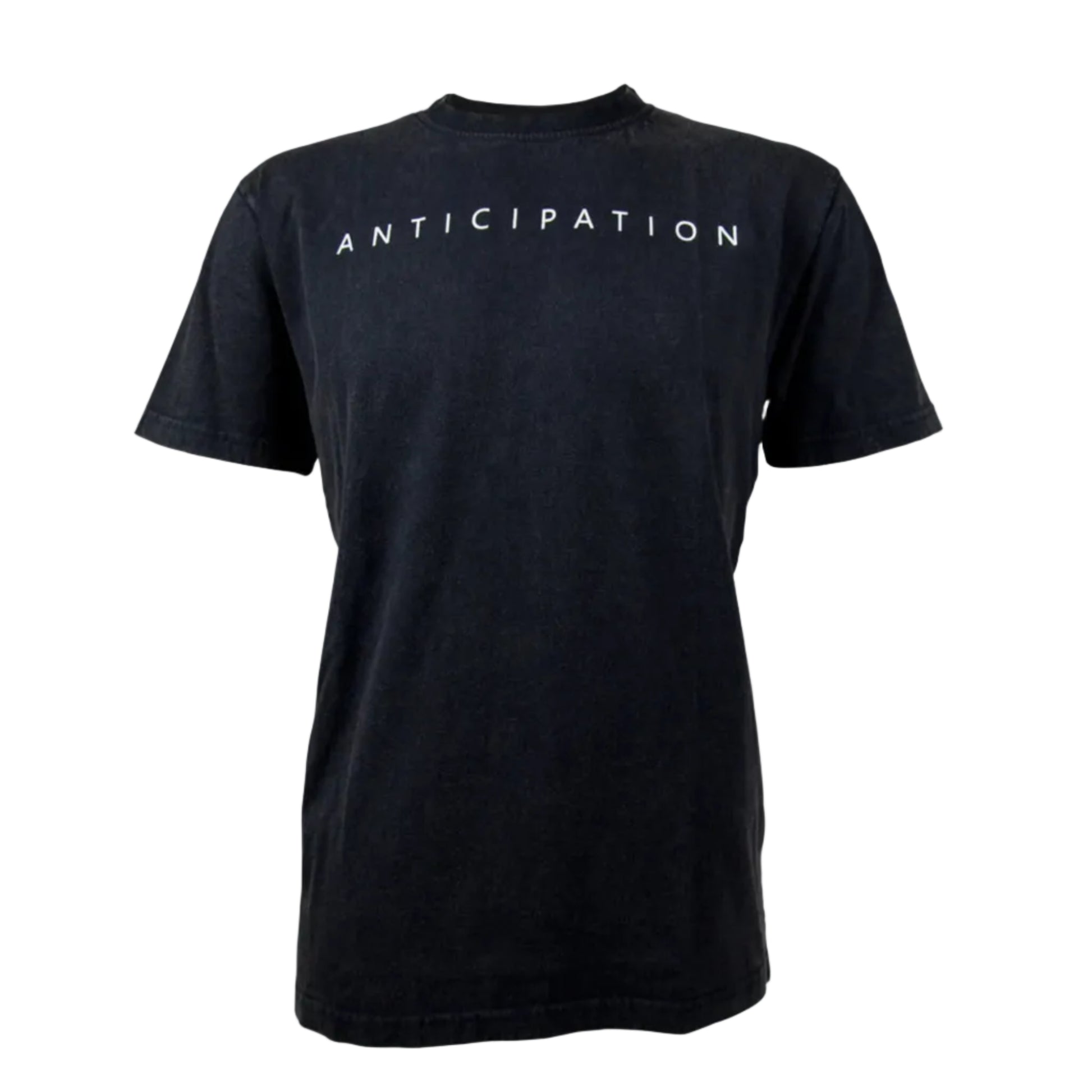 A black t-shirt with "anticipation" written across the chest.