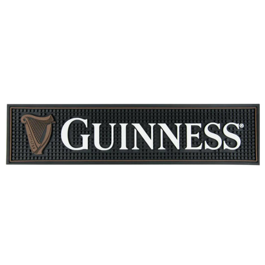 Rectangular bar mat with "Guinness" written inside alongside a brown 1759 Harp.