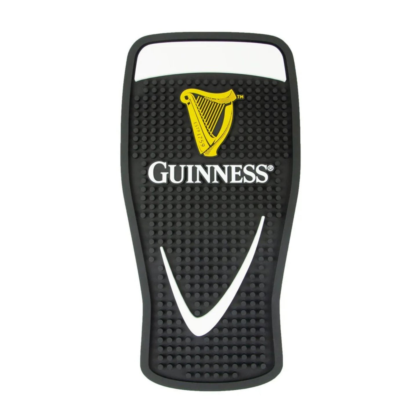 Black rubber bar mat shaped like a pint of beer with the Guinness logo inside.