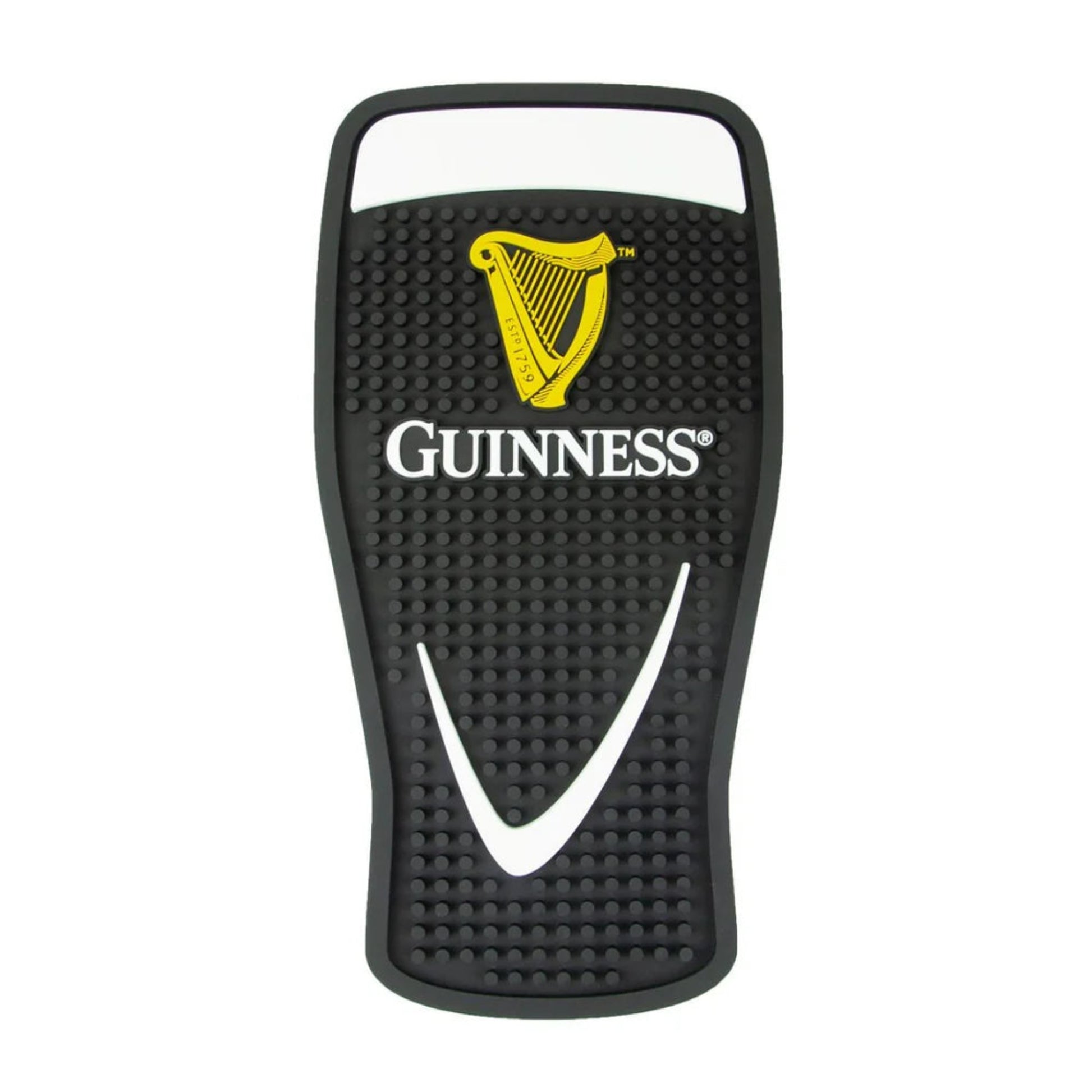 Black rubber bar mat shaped like a pint of beer with the Guinness logo inside.
