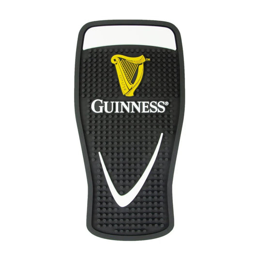 Black rubber bar mat shaped like a pint of beer with the Guinness logo inside.