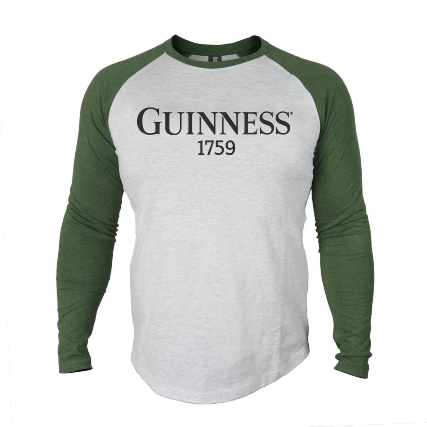 Long-sleeve shirt with Guinness 1759 written across the chest. Light heather gray with green sleeves. 