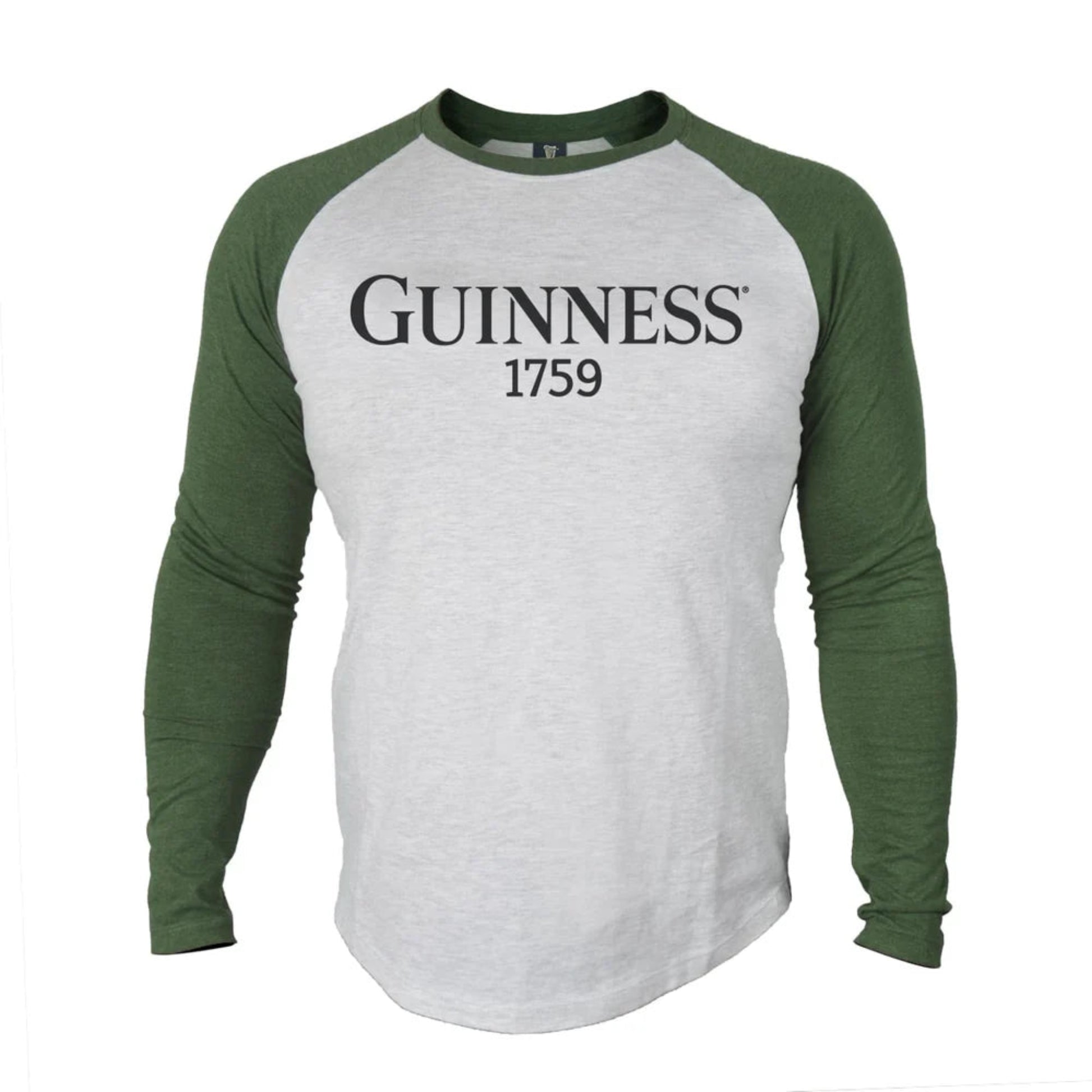Long-sleeve shirt with Guinness 1759 written across the chest. Light heather gray with green sleeves. 