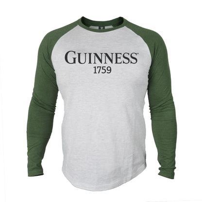 Long-sleeve shirt with Guinness 1759 written across the chest. Light heather gray with green sleeves. 