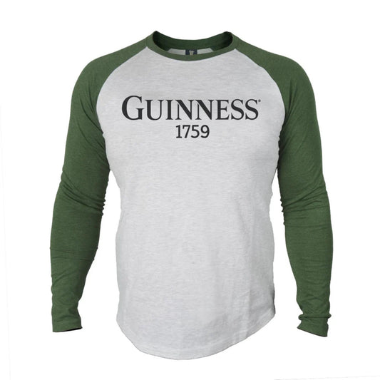 Long-sleeve shirt with Guinness 1759 written across the chest. Light heather gray with green sleeves. 
