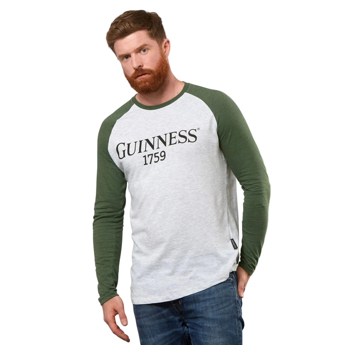 Man wearing a long-sleeved shirt with "Guinness 1759" written on the front. 
