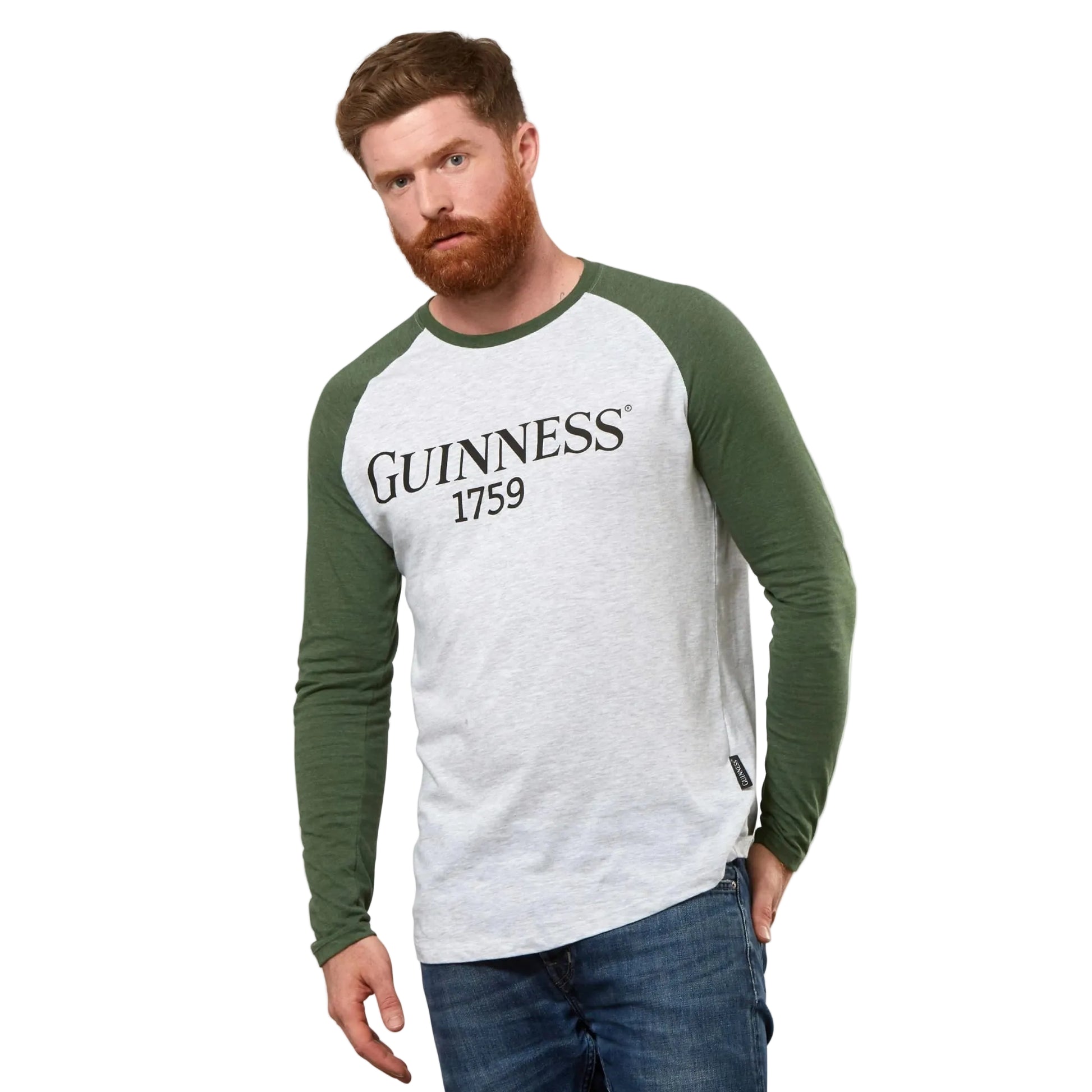 Man wearing a long-sleeved shirt with "Guinness 1759" written on the front. 