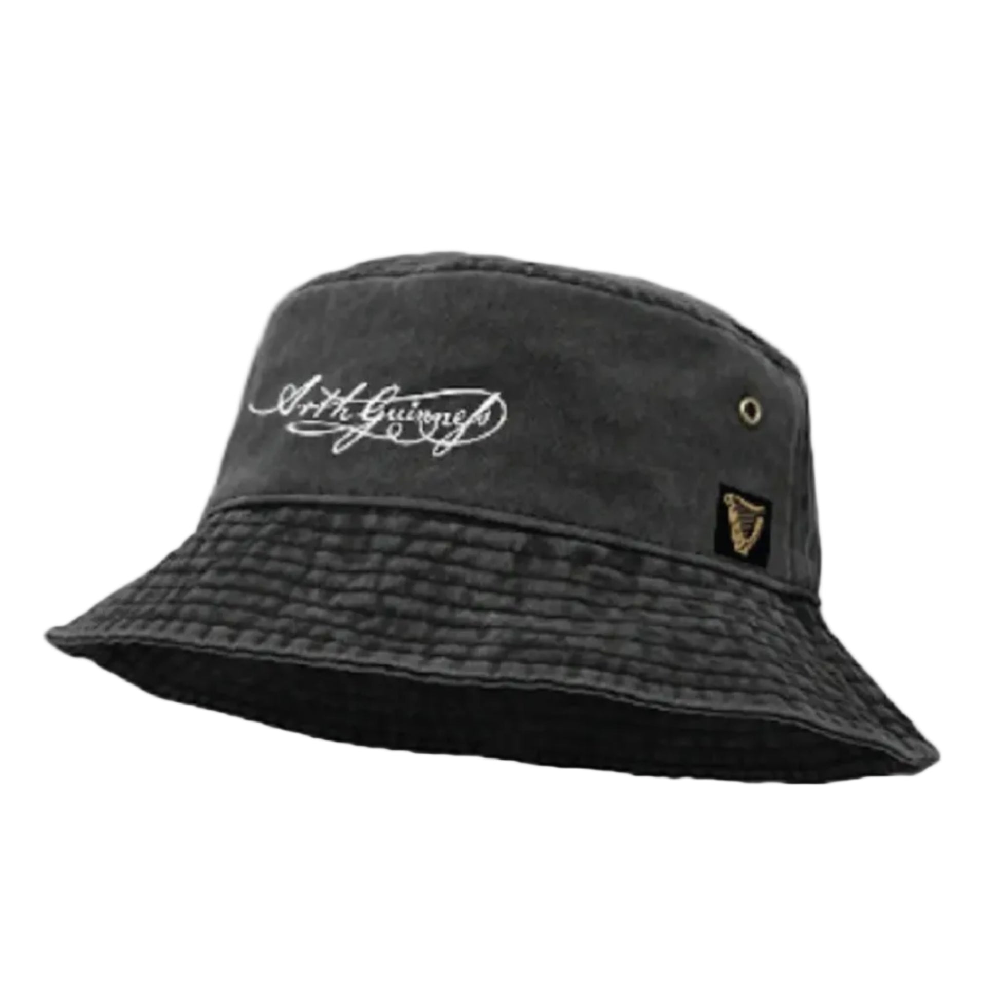 Dark grey bucket hat with Arthur Guinness' signature embroidered on the front. 
