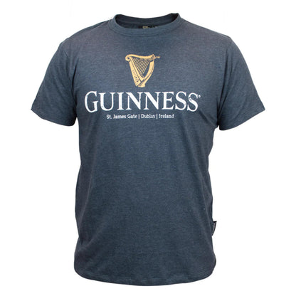A grey t-shirt with the word Guinness and a harp logo printed on the front. 