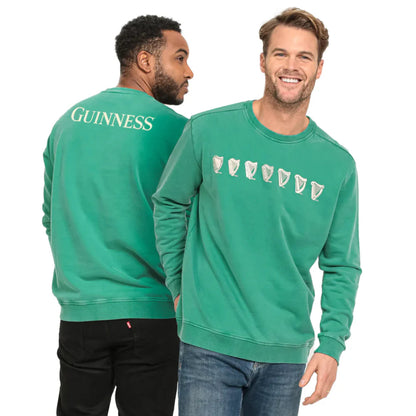 Two men wearing green guinness evolution sweatshirts. One man shows the harp designs on the front. One man turns to show the word "Guinness" written on the back. 