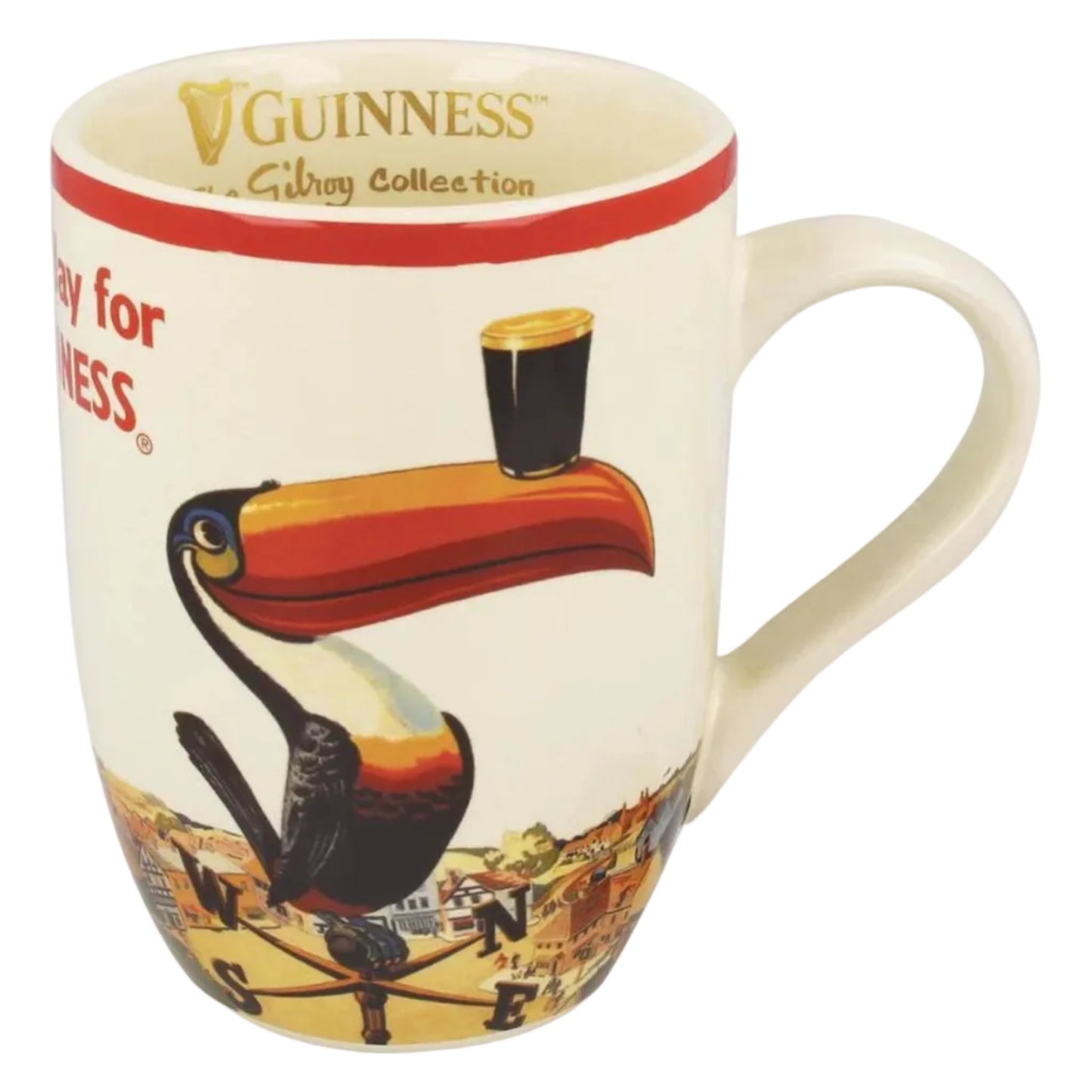 Guinness mug with red rim and a Gilroy toucan design.