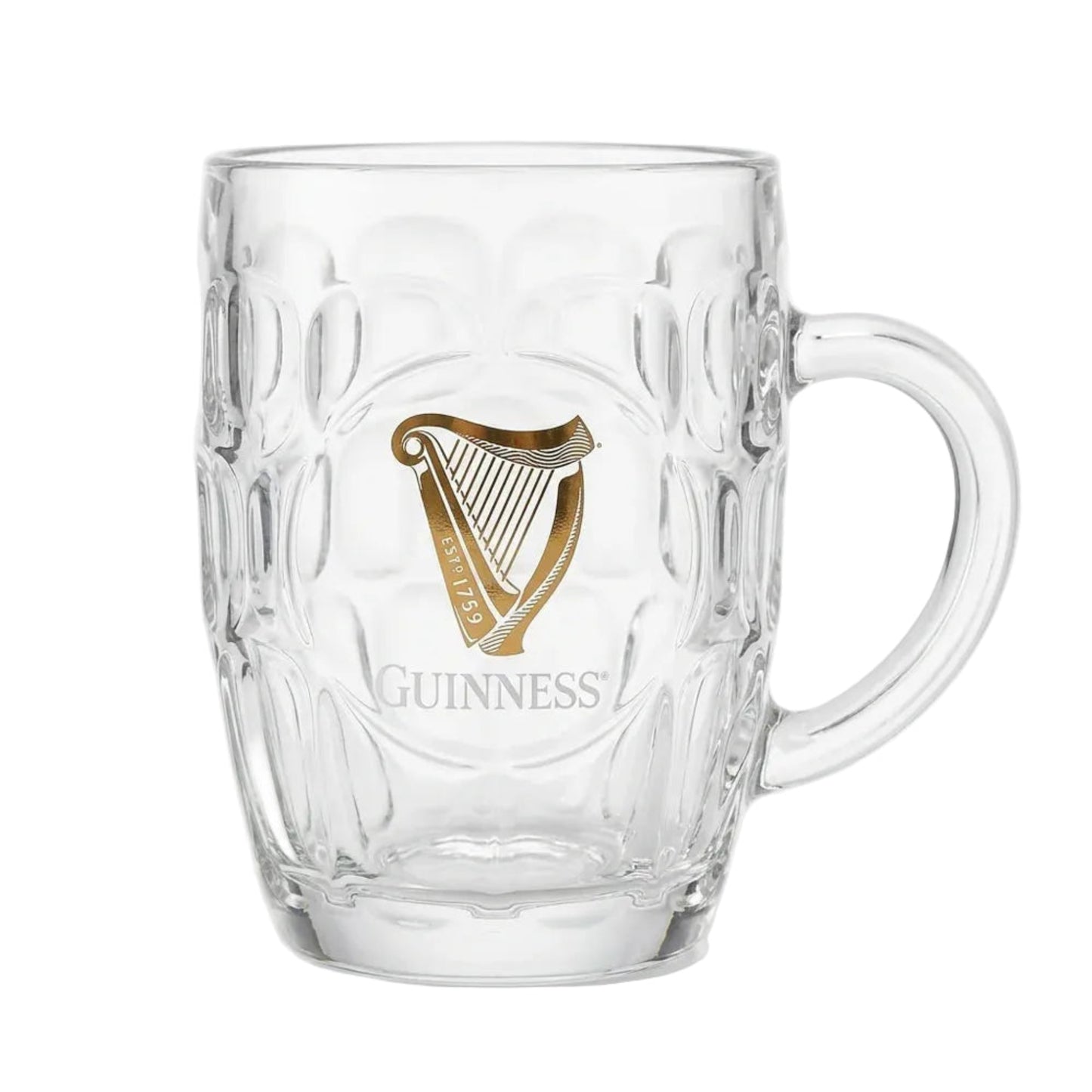 Glass tankard with uniform divots all around and a gold Guinness harp on the front.