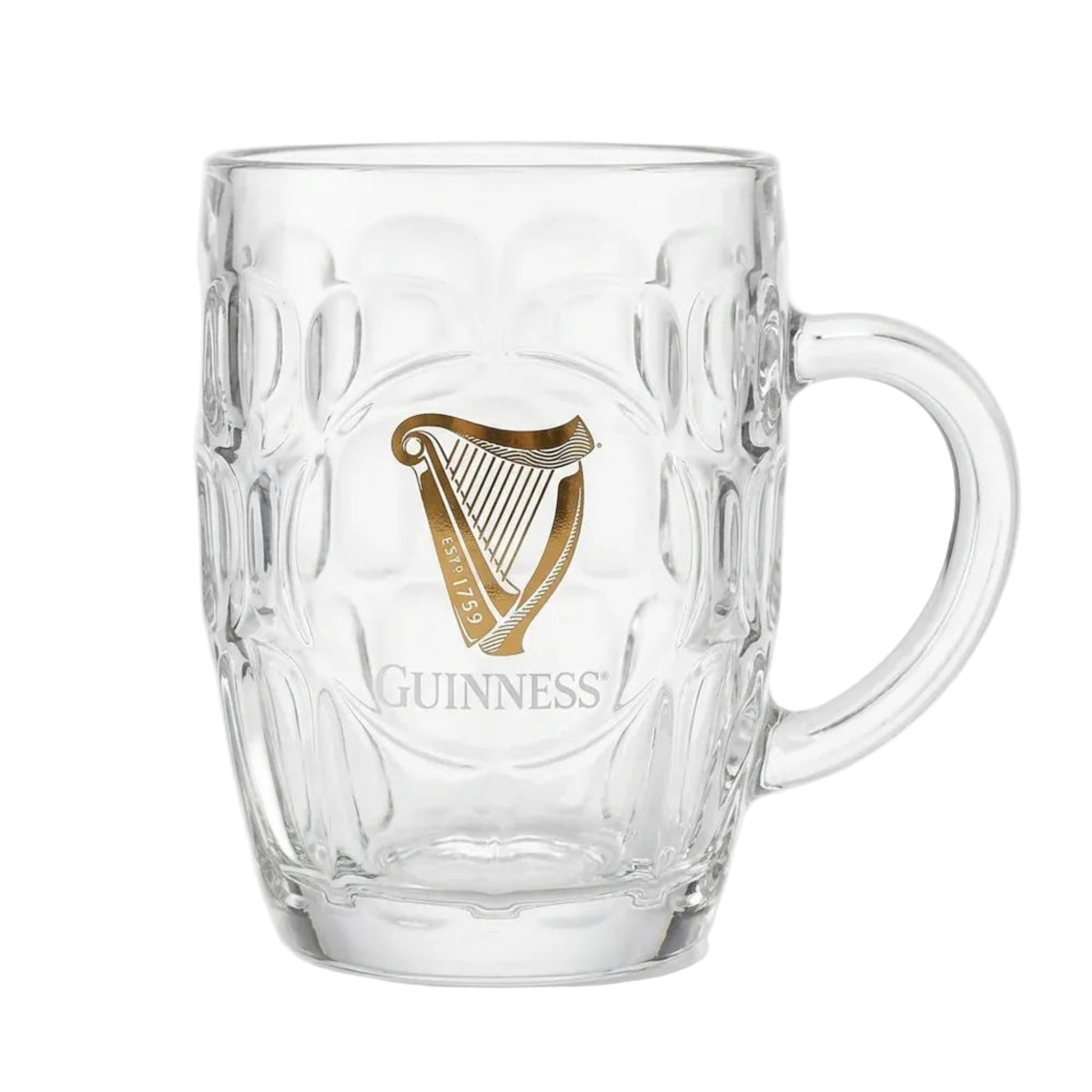 Glass tankard with uniform divots all around and a gold Guinness harp on the front.