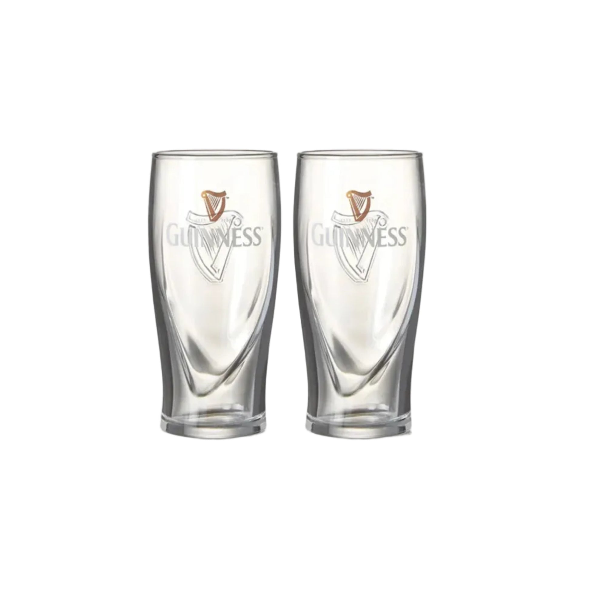 Two guinness beer glasses with harp logos on the front and back. 