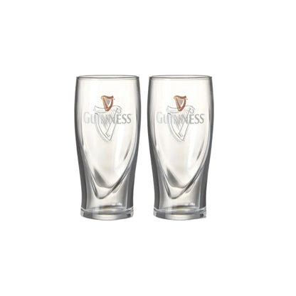 Two guinness beer glasses with harp logos on the front and back. 