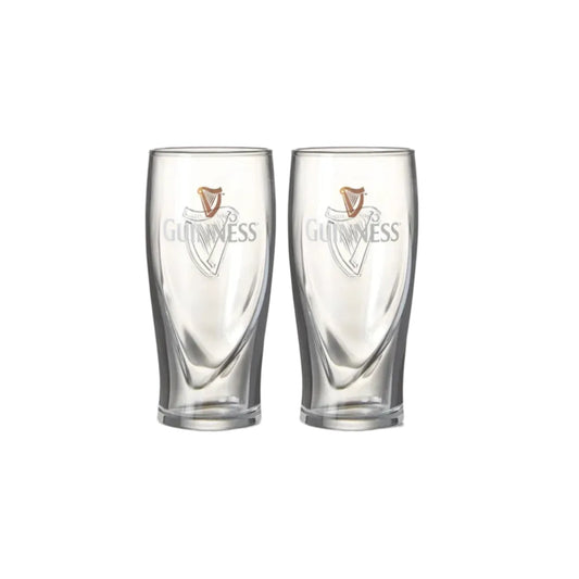 Two guinness beer glasses with harp logos on the front and back. 