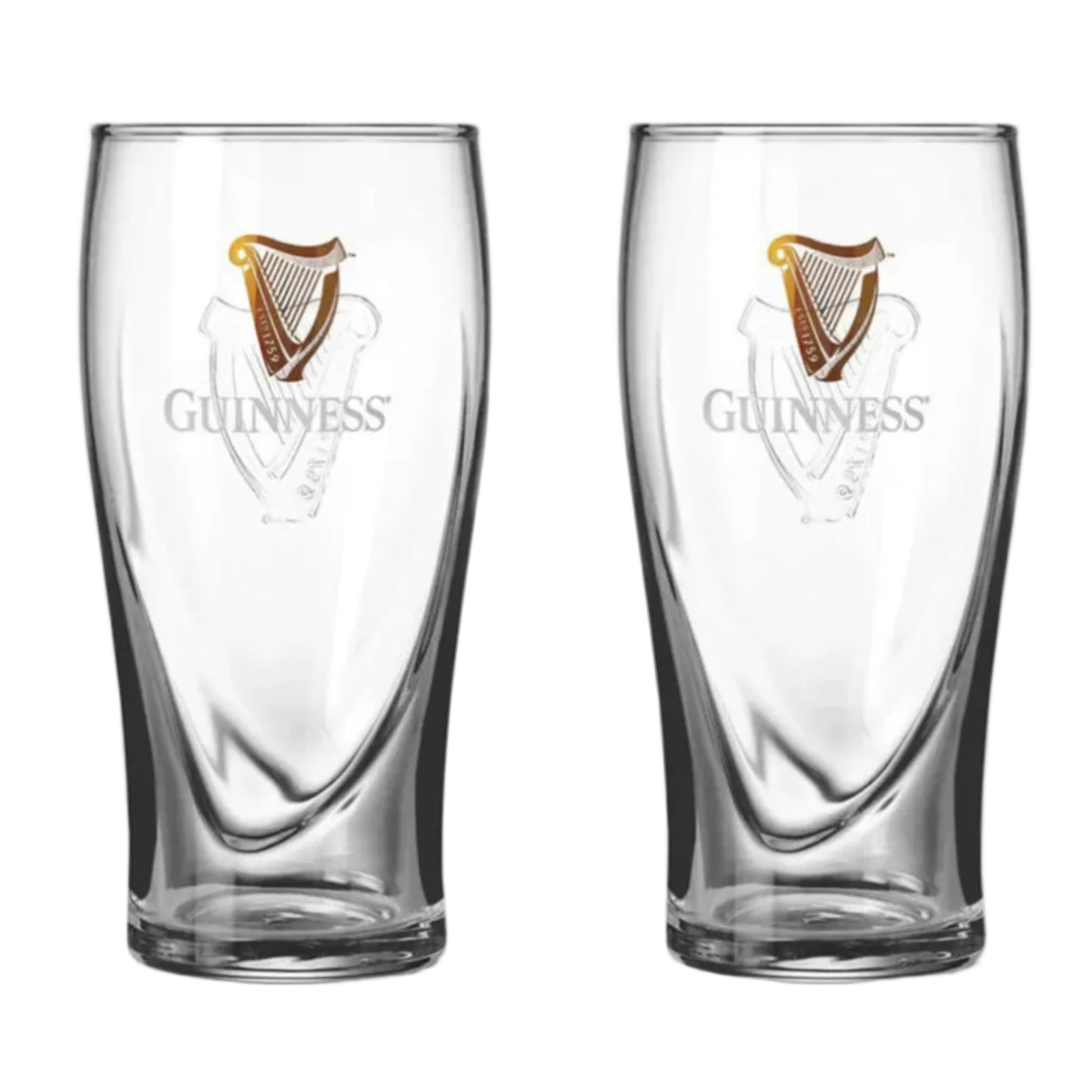 Two clear Guinness beer glasses with harp logos and Guinness written on the front. 