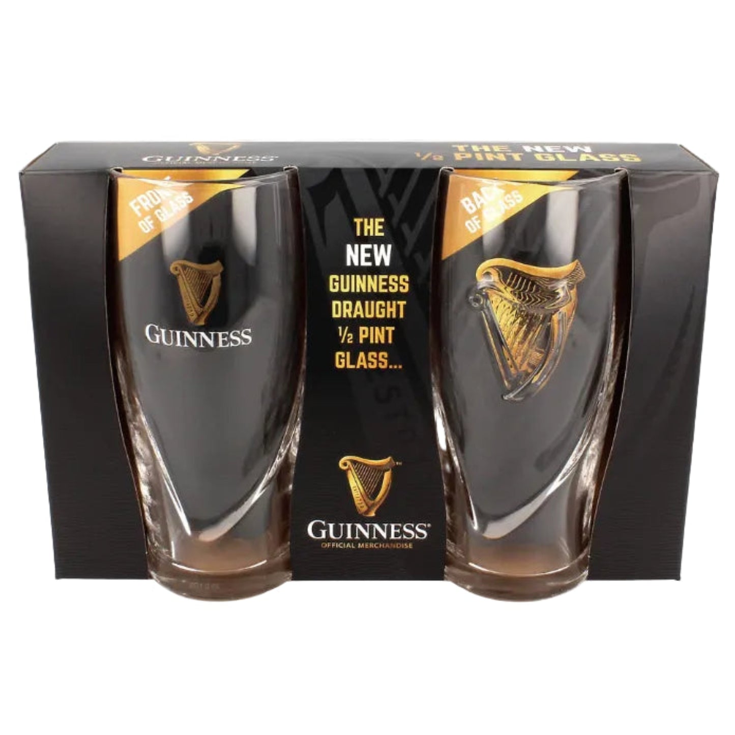 Two Guinness beer glasses in a black cardboard box showcasing the embossing on the back. 