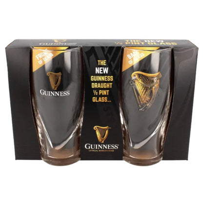 Two Guinness beer glasses in a black cardboard box showcasing the embossing on the back. 