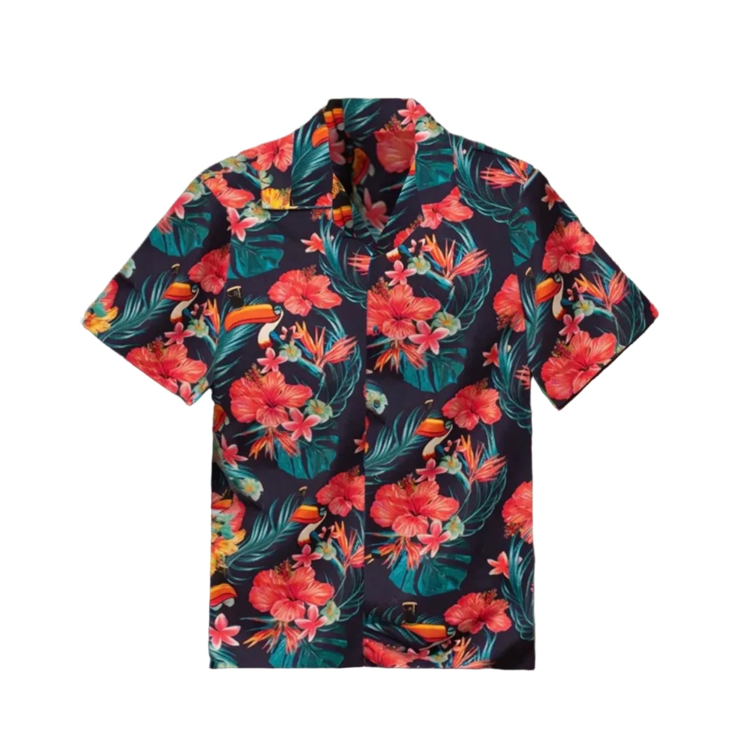 Colorful floral toucan patterned button-up shirt.