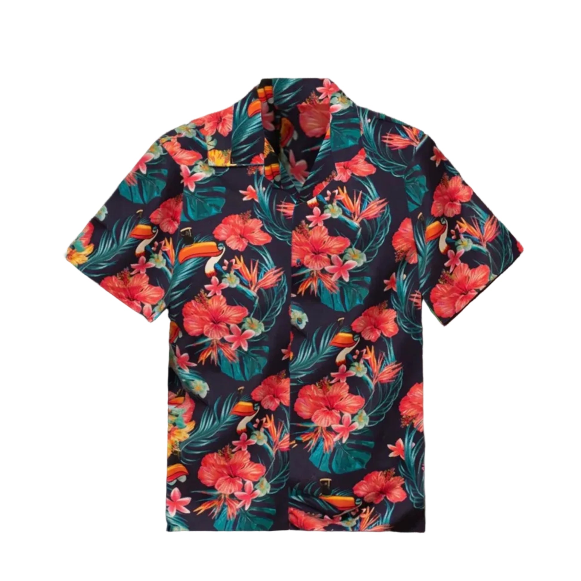 Colorful floral toucan patterned button-up shirt.