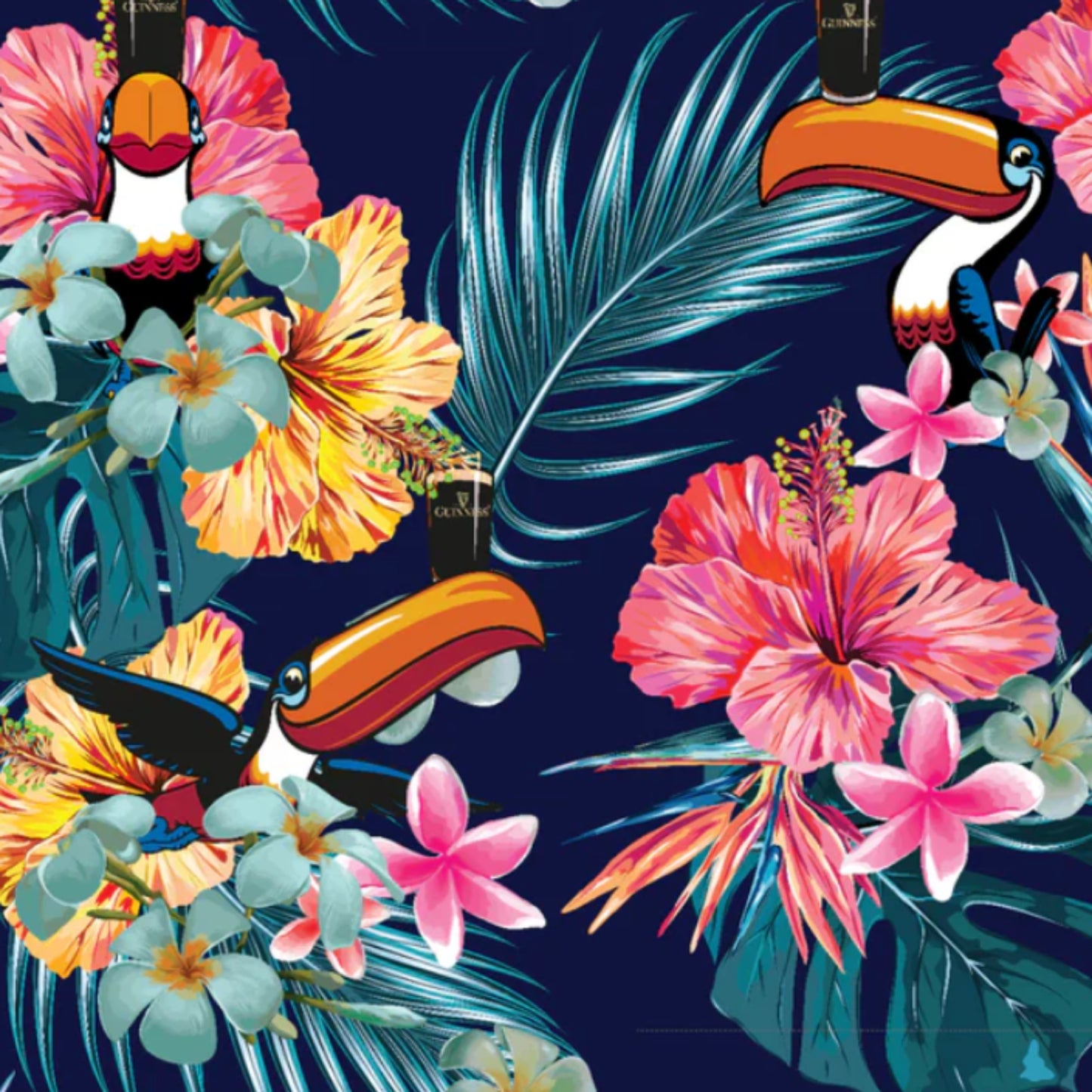 Close-up of the shirt's pattern. Various tropical flowers and large leaves on a navy background. Toucans holding Guinness on their beaks dispersed throughout. 