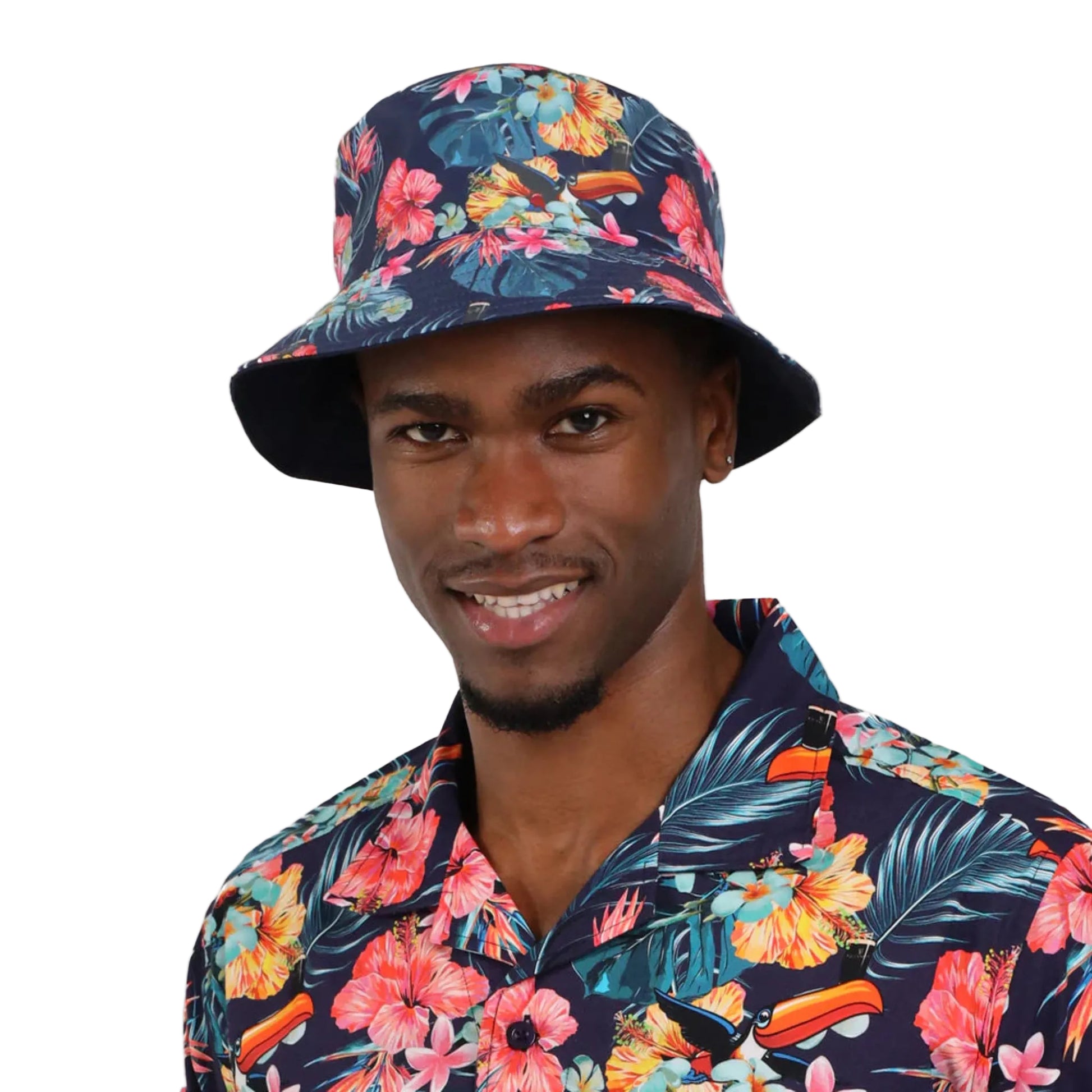 Man wearing a colorful floral bucket hat. 