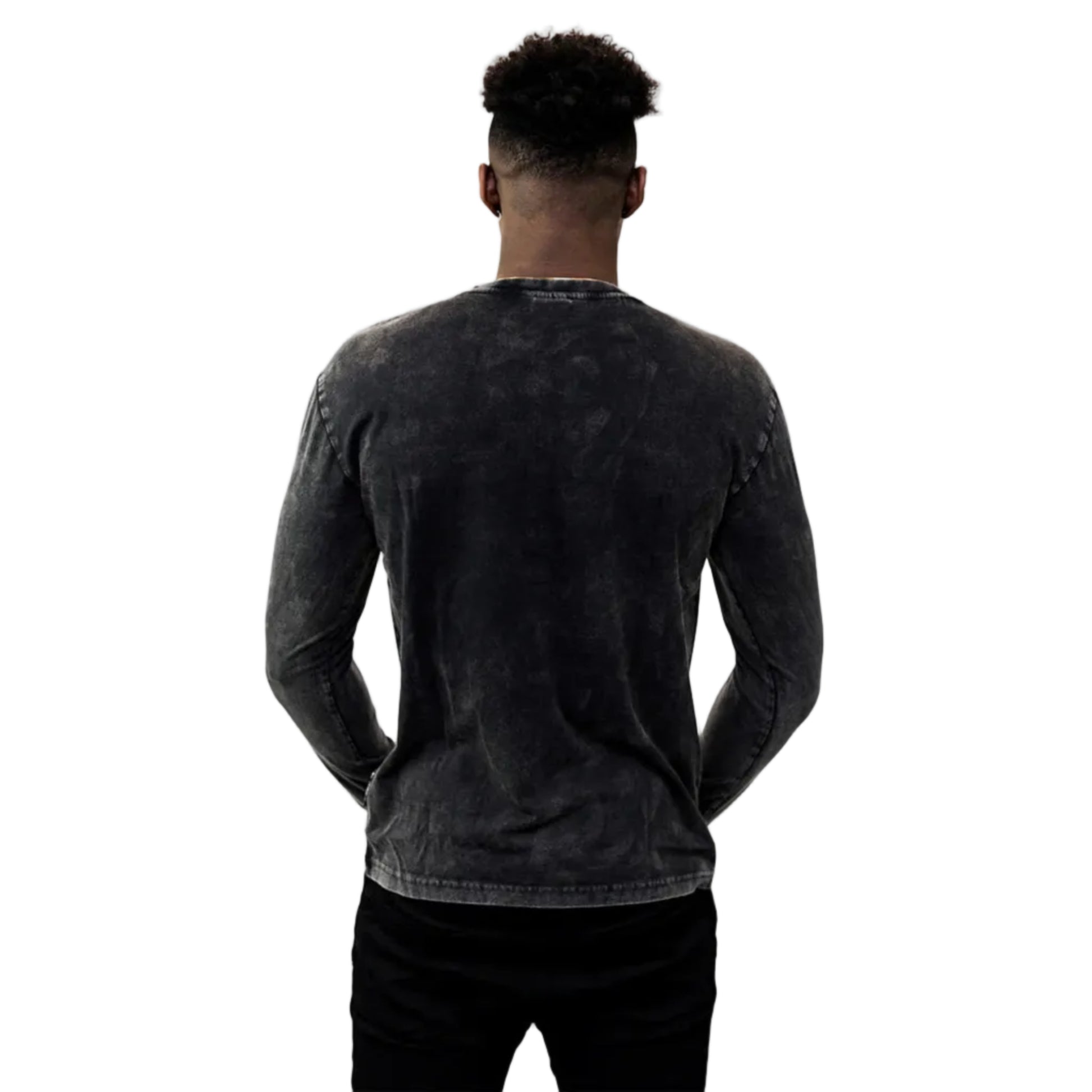 A man turned to show the back of his long-sleeved black shirt.