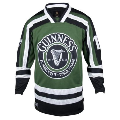 Green hockey jersey with black and white stripes. The front has an embroidered harp and the word "Guinness." More text beneath. 