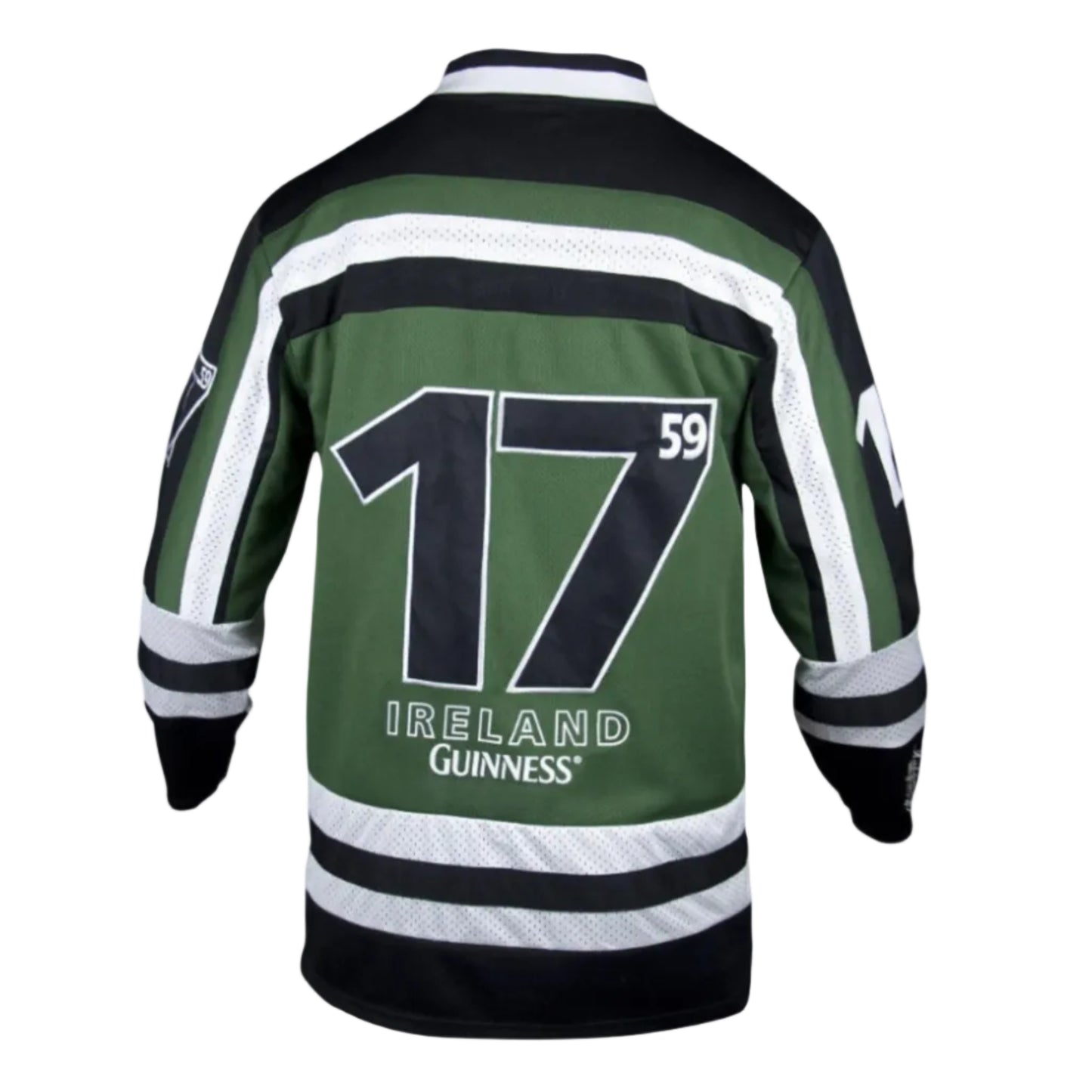 Green jersey with black and white stripes. The back says "17" with a smaller "59" and "Ireland Guinness" underneath.