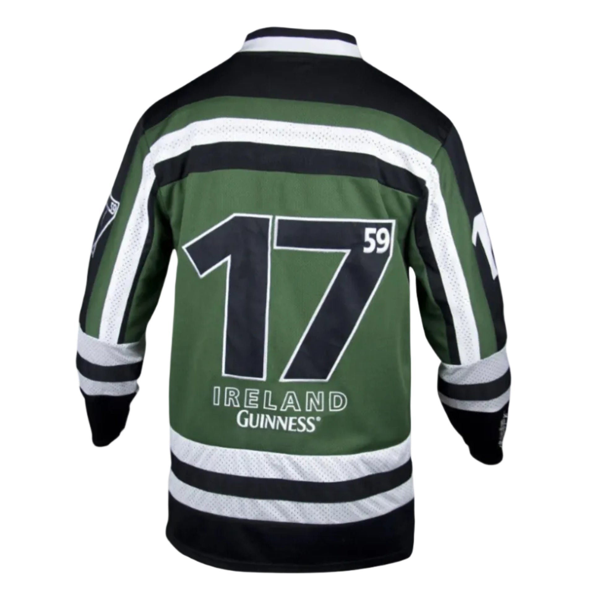 Green jersey with black and white stripes. The back says "17" with a smaller "59" and "Ireland Guinness" underneath.