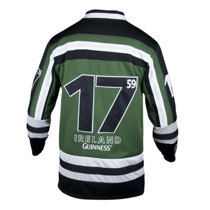 Green jersey with black and white stripes. The back says "17" with a smaller "59" and "Ireland Guinness" underneath.