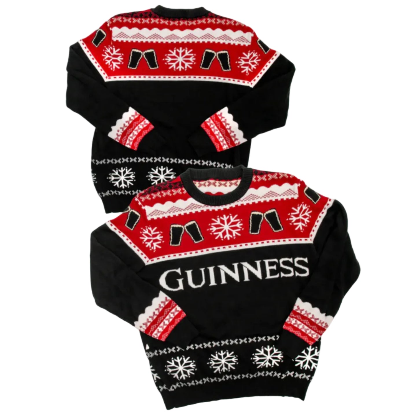 The front and back view of a black and red Guinness holiday sweater. Snowflake and beer pattern. 
