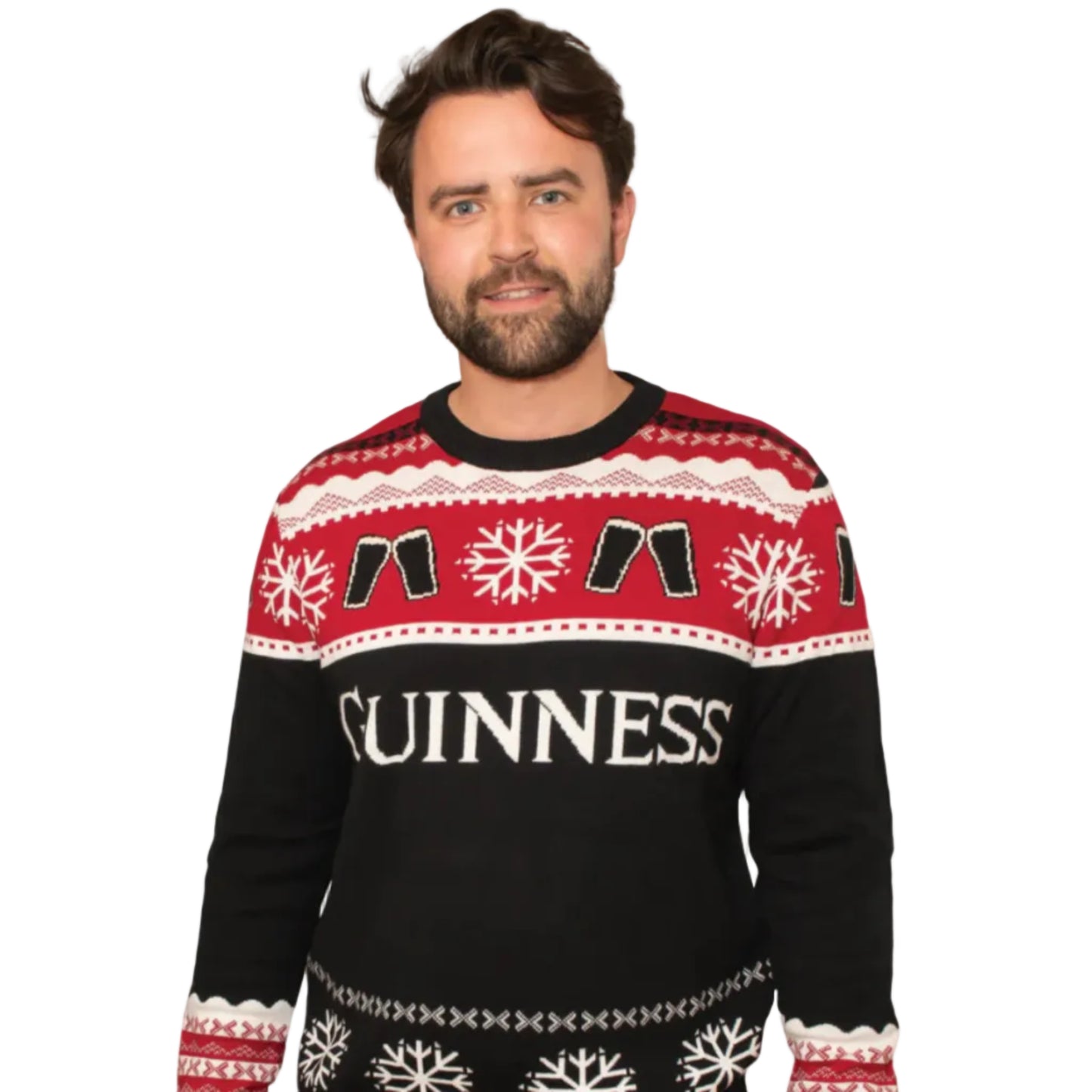 Man wearing a black and red Guinness holiday sweater with a beer and snowflake pattern.