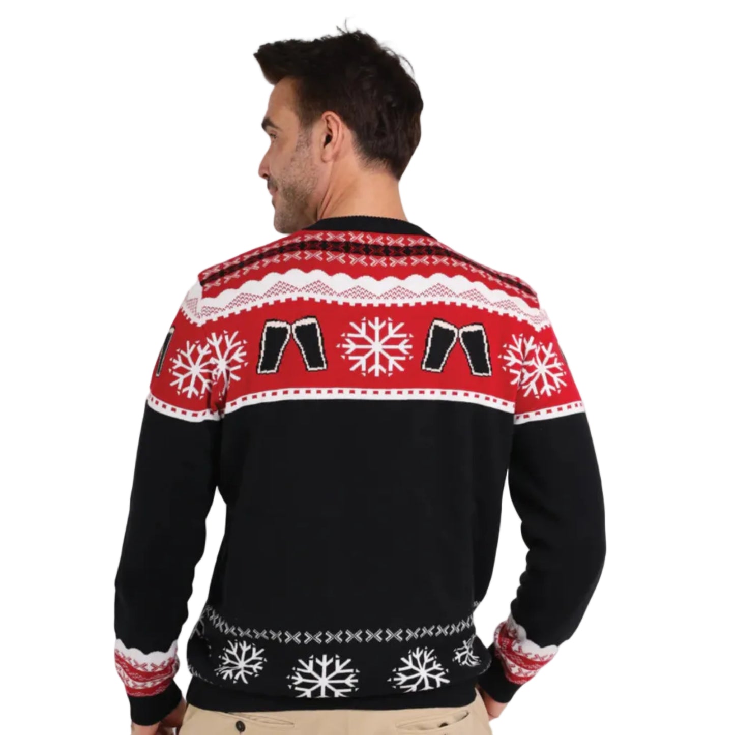 Man showing the back of a black and red Guinness holiday sweater with a snowflake and beer pattern.