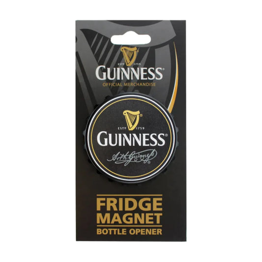 A black bottle cap shaped fridge magnet with the Guinness name, logo, and founder's signature on the front.